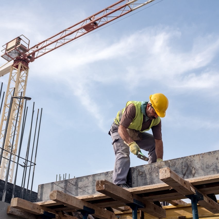Maçon sur un chantier travaillant sur du béton